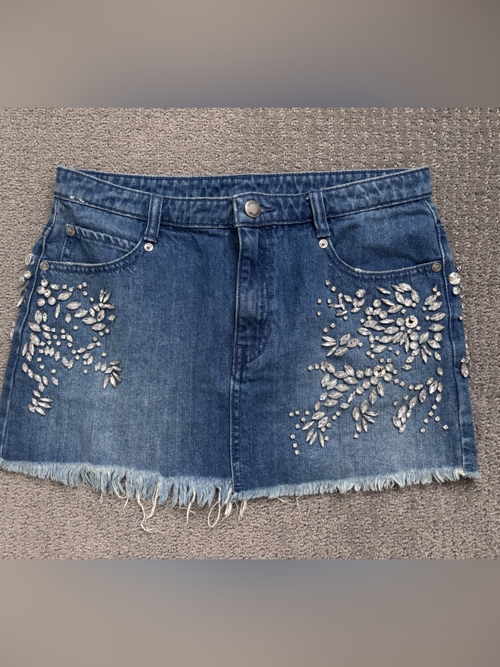Free People Blue Denim mini skirt cut off with Crystal Embellishments